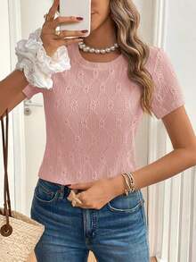 de mujer de manga corta, de cuello redondo, con bordado calado, de unicolor simple, para el verano - Rosa - Ver 3