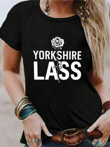 1pc Camisetas Para Mujer Camiseta única con diseño Y2K de la rosa de Yorkshire y el texto en blanco que resalta el estilo moderno y atrevido ideal para lucir en cualquier ocasión perfecta para los amantes de la moda y la originalidad y2k. Camiseta De Manga Corta De Algodón - Negro - Ver 1