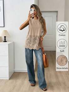 Top de mujer sin mangas de cuello redondo con dobladillo de encaje, primavera/verano - Camel - Ver 6