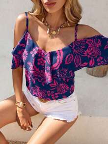 Blusa de mujer de gasa con hombros descubiertos, bajo con volantes y estampado, para primavera/verano y vacaciones - Morado - Ver 7