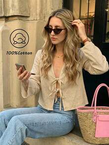 Blusa suelta de hombros caídos con nudo delantero, unicolor, de estilo informal, con mangas acampanadas para mujer - Albaricoque - Ver 3