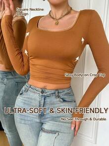 Top de manga larga de base cómodo y elegante con cuello cuadrado y ajuste ceñido, para otoño/invierno - Marrón - Ver 1