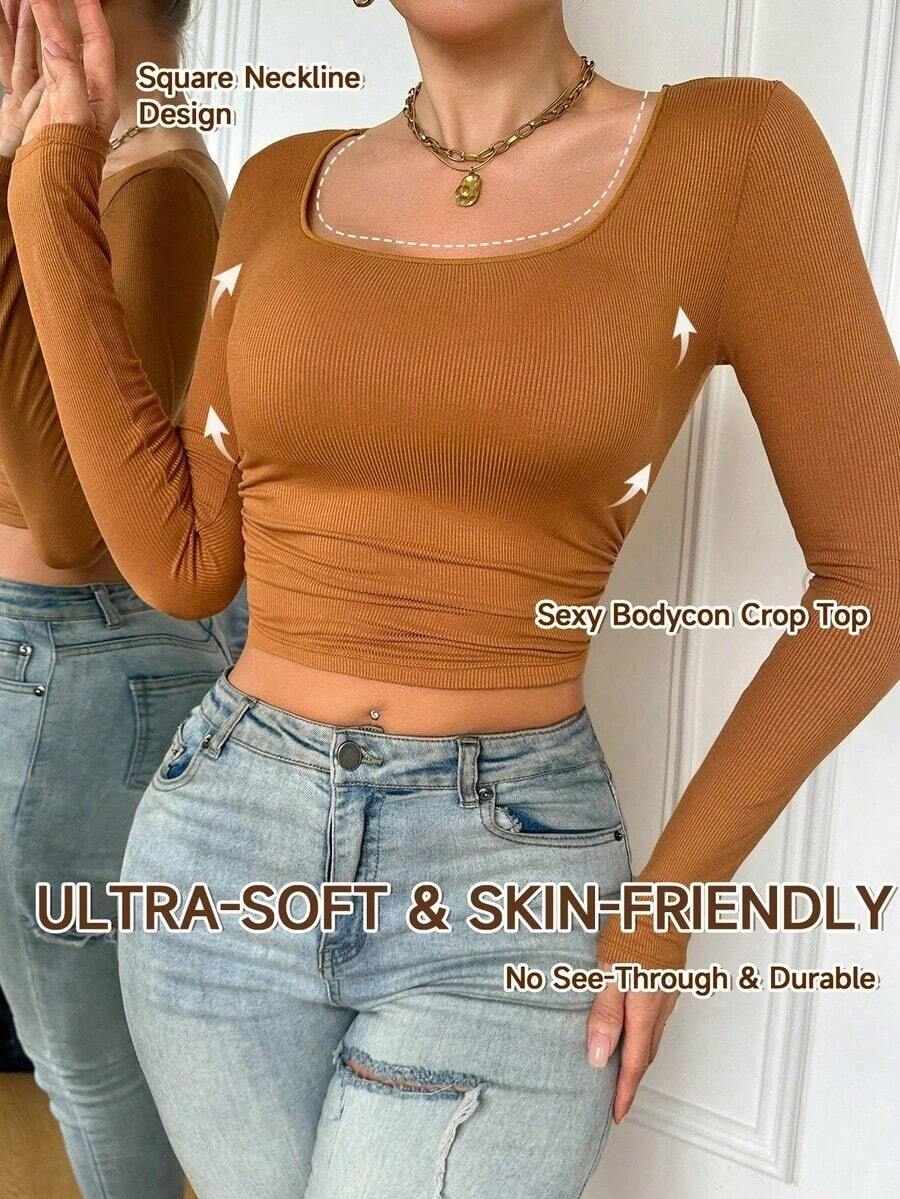 Top de manga larga de base cómodo y elegante con cuello cuadrado y ajuste ceñido, para otoño/invierno - Marrón - Ver 1