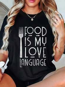 100% Cotton T-Shirt For Food Lovers, "Food Is My Love Language", For Chefs And Cooks - 黑色 - 查看 1