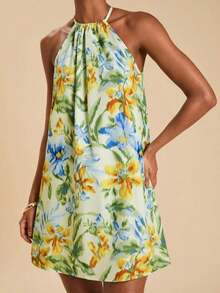 Vestido corto holgado con hombros al descubierto y estampado tejido para mujeres para vacaciones - Multicolor 2 - Ver 7