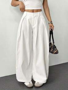 Pantalones anchos de verano con dobladillo curvo verde, estilo vintage, casual y para salir - Blanco - Ver 9