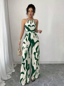 Mono de tela estampada con envolvente frontal para mujer, diseño que define la cintura para usar en ocasiones elegantes, ya sea de fiesta o diario - Verde - Ver 3