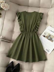 MSPariaura Vestido con diseño de volantes de ancho completo en marrón vintage / Minifalda estilizante con cintura ceñida / Conjunto elegante y dulce Z - Verde militar - Ver 2