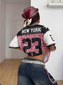 Camiseta de béisbol con estampado de número para mujer de talla grande, estilo vintage y deportivo para primavera/verano, top con estampado de leopardo, ropa de otoño, top con estampado de guepardo, top con estampado de leopardo - Rosa - Ver 2