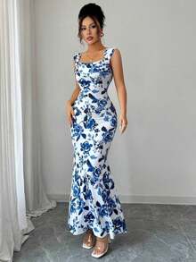 Un vestido largo sin mangas para unas elegantes vacaciones de verano para damas - Azul - Ver 4