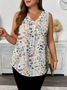 Blusa sin mangas con cuello en V y estampado floral para mujer talla grande, Camisa casual con cuello en V y estampado floral para mujer talla grande - Multicolor 3 - Ver 5