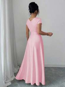 Vestido elegante y romántico para mujeres con cuello en V, mangas cortas y cintura ceñida - Rosa - Ver 2