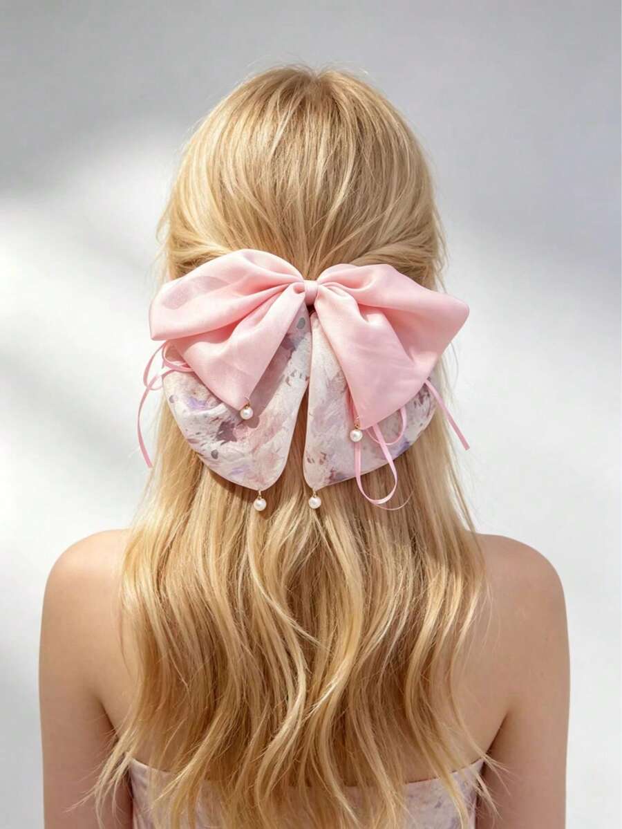 1 chiếc kẹp tóc nơ ngọc trai bằng vải organza nhuộm tie-dye màu hồng nhạt thời trang, phụ kiện tóc đa năng dùng hàng ngày. - Hồng - Xem 1