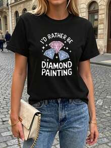 Camiseta de mujer 100% algodón con estampado "I'D RATHER BE DIAMOND PAINTING", decoración con patrón de diamantes coloridos, manga corta informal, estilo lindo y reconfortante, top de uso diario para entusiastas de las manualidades. Camiseta de mujer de color sólido simple, corte holgado y ajustado, manga corta informal. - Negro - Ver 2
