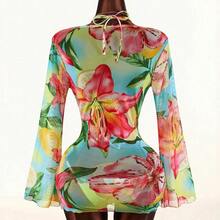 3pcs Women's Floral Cover-Up Swimsuit Set, Sexy Backless Deep Draped Neck Design, Suitable For Holiday Wear Beach Vacation Outfits For Women - Multicolor - Ver 3