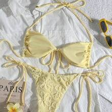 Swim Mod Women's 2-Piece Summer Beach Outfit, Textured Fabric Rope Tie Crop Top And Pants With Side Drawstring, Swimsuit Bikini Set Bikini Sets For Women Womans Bikini Sets Lace Swimwear - Amarillo - Ver 3