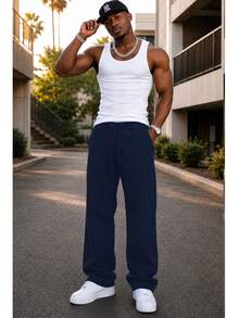 Mens Casual Tech Fleece Solid Stacked Sweat Pants Casual Pants Flare Cotton Blend - 藏蓝色 - 查看 1