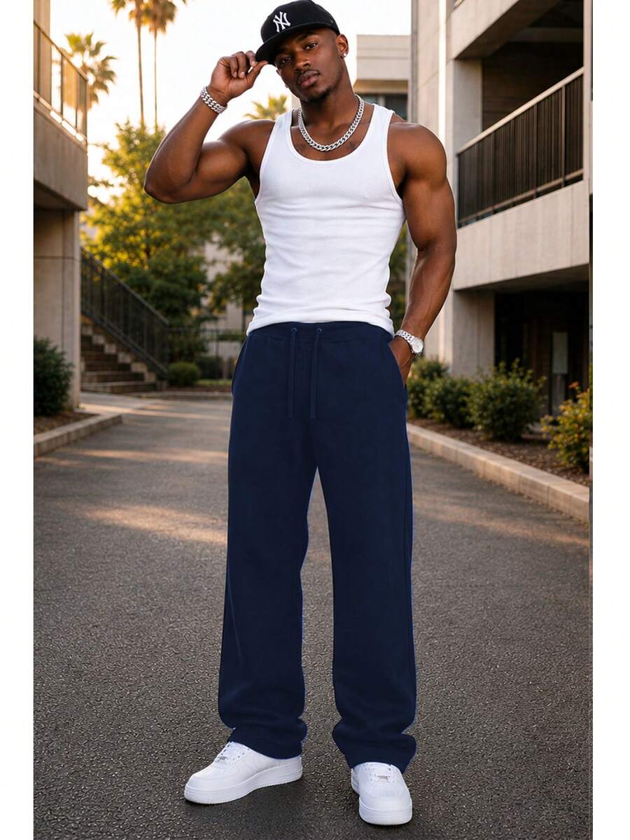 Mens Casual Tech Fleece Solid Stacked Sweat Pants Casual Pants Flare Cotton Blend - 藏蓝色 - 查看 1