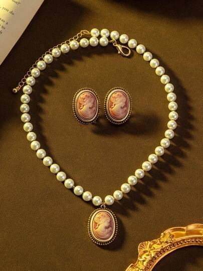 1 Pair Earrings & 1 Necklace, Women's Fashion Jewelry Set, Retro Palace Style Portrait Beaded Necklace, Suitable For Festivals And Banquets