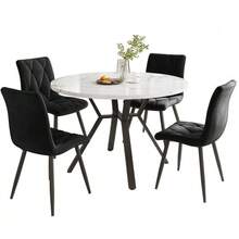 Dining Table And Chair Set (5 Pieces), Modern, Simple, Round, Marble, With Black Metal Table Legs + 4 Ergonomic Black Suede Chairs. - Black and White - View 1