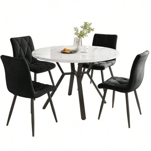 Dining Table And Chair Set (5 Pieces), Modern, Simple, Round, Marble, With Black Metal Table Legs + 4 Ergonomic Black Suede Chairs. - Black and White - View 1