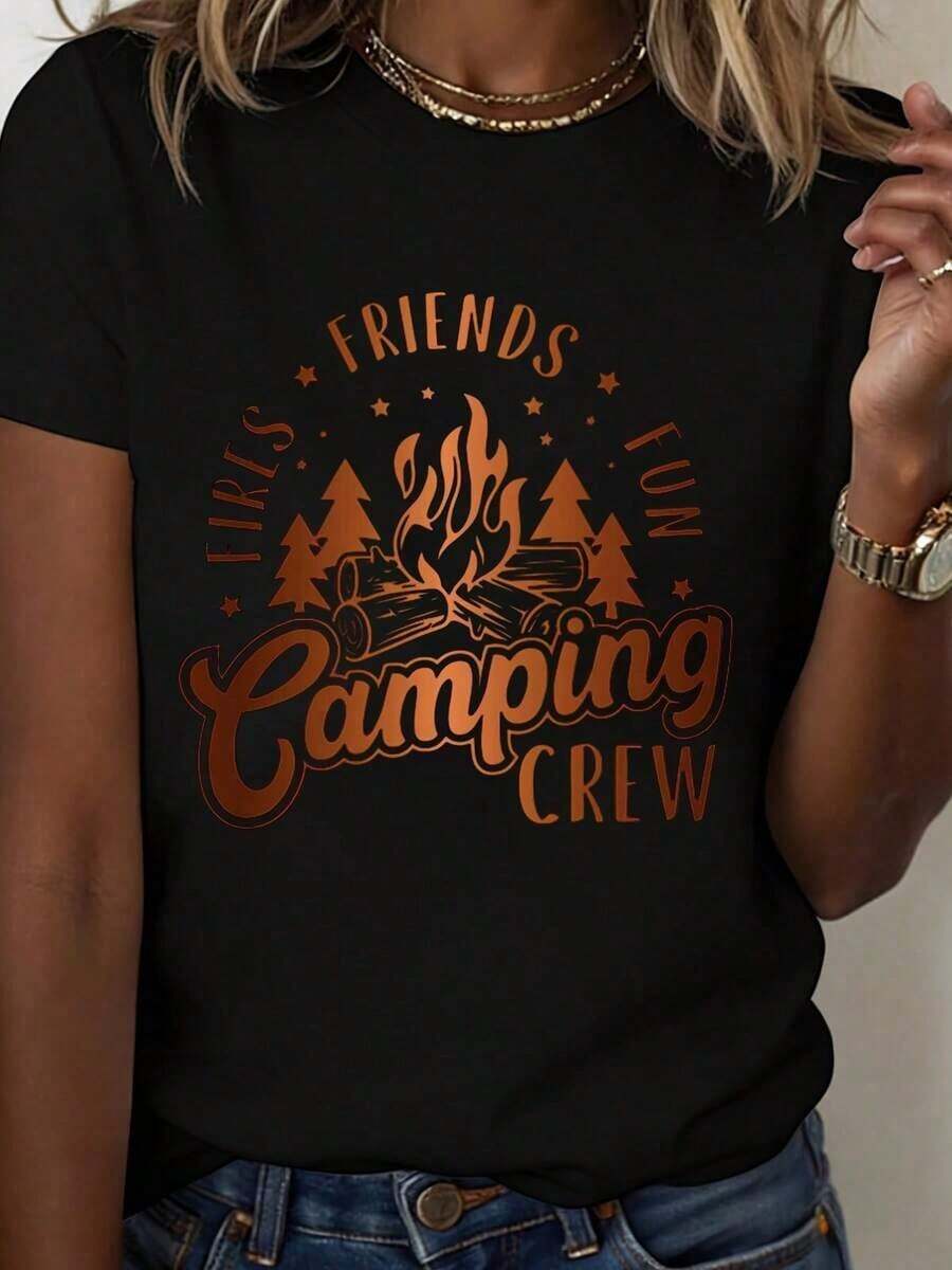 Camiseta de Camping Crew Blanca con Estampado de Friends Fun Camping Crew para Aventuras al Aire Libre y Amantes de la Naturaleza, Ropa de Verano Fresca para Mujer - Negro - Ver 1