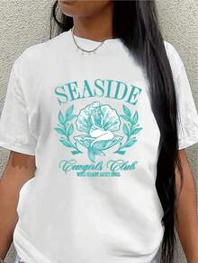 Lightweight And Durable T-Shirt, Designed For The Beach, Camping, And Clubbing, Perfect For Casual Beach Outings Or Outdoor Activities, Featuring A Blue-Green Rose Print And A Comfortable Fit. - 白色 - 查看 7