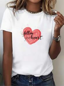 Camiseta de mujer "Follow Your Heart" de 180g, una opción de regalo para el Día de San Valentín, adecuada para reuniones familiares y actividades de team building en la oficina, camiseta estampada cómoda y elegante. - Blanco - Ver 1