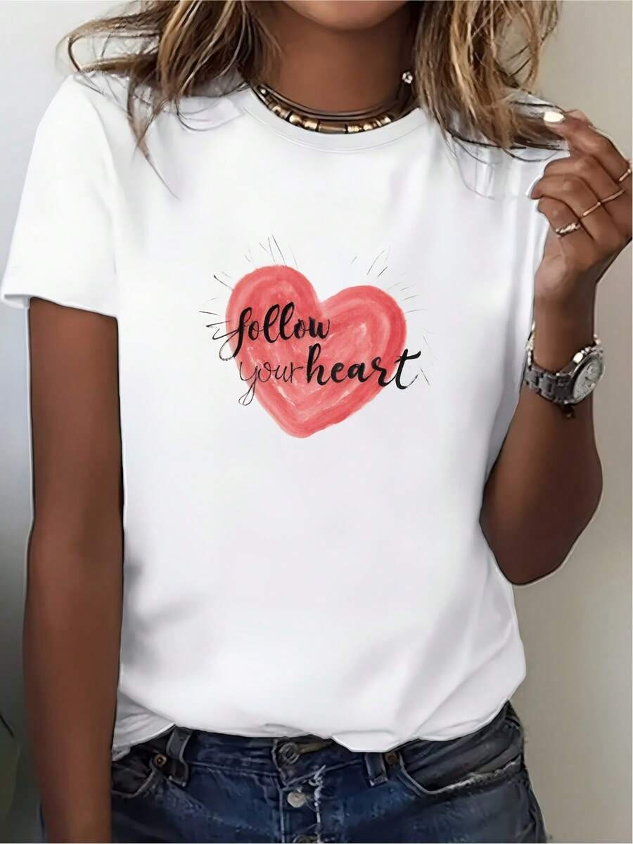 Camiseta de mujer "Follow Your Heart" de 180g, una opción de regalo para el Día de San Valentín, adecuada para reuniones familiares y actividades de team building en la oficina, camiseta estampada cómoda y elegante. - Blanco - Ver 1