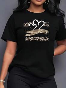 Camiseta de manga corta para mujer con estampado de corazón y leopardo, cómoda, deportiva y estampada. - Negro - Ver 1