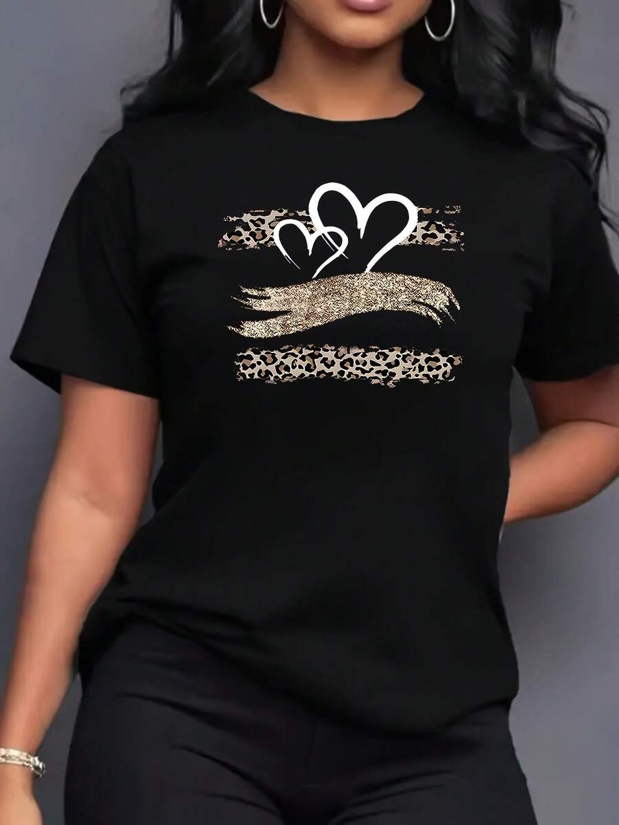 Camiseta de manga corta para mujer con estampado de corazón y leopardo, cómoda, deportiva y estampada. - Negro - Ver 1