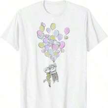 T-Shirt With Balloons Featuring Ellie And Carl From Up. A Basic Garment For Him, 220g With Unparalleled Comfort. Suitable For Everyone, Whether Women Or Men. Strong, High-Quality Material, Suitable For All Types Of Sewing, Noticeably Soft And Durable Design. Breathable Blouses For Women, Perfect For Autumn, Vacation Outfits, And Halloween Costumes. - 白色 - 查看 1