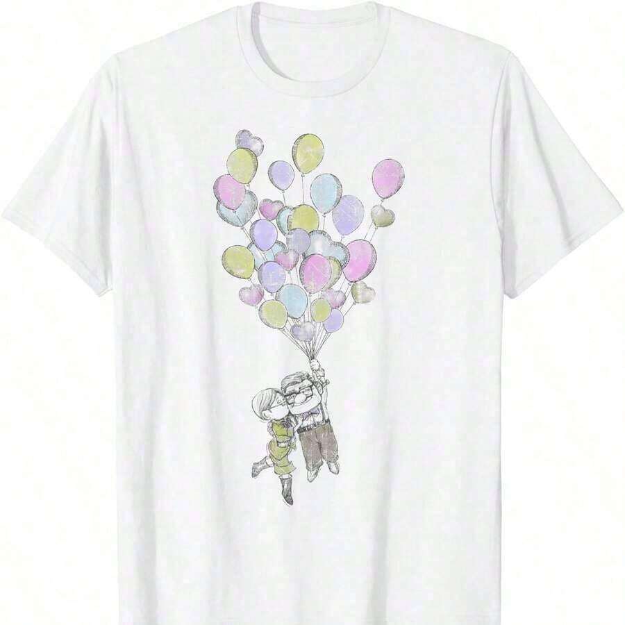 T-Shirt With Balloons Featuring Ellie And Carl From Up. A Basic Garment For Him, 220g With Unparalleled Comfort. Suitable For Everyone, Whether Women Or Men. Strong, High-Quality Material, Suitable For All Types Of Sewing, Noticeably Soft And Durable Design. Breathable Blouses For Women, Perfect For Autumn, Vacation Outfits, And Halloween Costumes. - 白色 - 查看 1