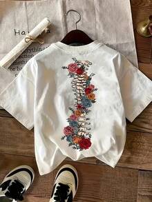 Camiseta Casual Vintage de Manga Corta para Mujer - Transpirable, opaca, de cuello redondo, disponible con estampados florales geométricos en espiral, adecuada para usar en capas en primavera, verano y otoño, ideal para el uso diario casual y un elemento básico imprescindible en el armario, camiseta gráfica opaca lavable a mano. - Blanco - Ver 5