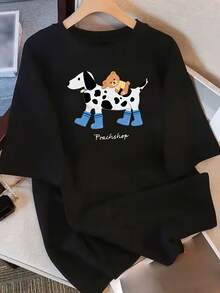 Women's Casual Cotton Crew Neck T-Shirt - Fun Cartoon Cow And Dog Print, Loose-Fitting Casual Top With A Crew Neck, Breathable And Machine Washable, Suitable For Everyday Wear, Perfect For Summer. | Unique Design Shirt | Comfortable Fabric, Women's T-Shirt. Simple T-Shirt For Everyday Wear. - 黑色 - 查看 7