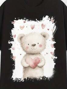 Camiseta de manga corta para mujer con estampado gráfico de oso y corazón, ropa de moda urbana para exteriores, estilo deportivo-vintage, unisex, de algodón suelto, cuello redondo, blusas para mujer. blusas.blusas casuales para dama.Impresión de osos cariñosos.Camiseta estampada Impresión de osos cariñosos. - Negro 3 - Ver 7