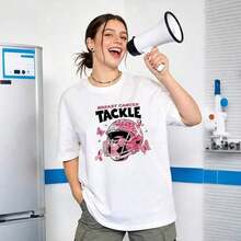 Ropa de verano para mujer, camiseta de algodón suave y casual con cuello redondo, estampado de leopardo rosa, estampado de casco de fútbol, estampado de mariposa, estampado de letras sobre cáncer de mama. Color. Adecuado para primavera, verano y otoño - Blanco - Ver 4