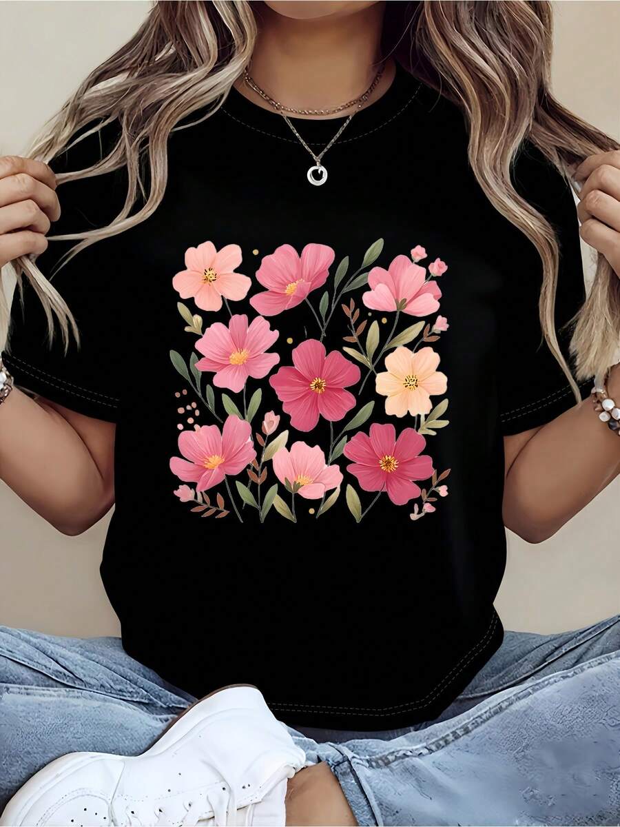 1 camiseta unisex con estampado floral en tonos rosa y melocotón, diseño de cuello redondo, suave y cómoda, una opción ideal para el Día de la Madre. Disponible para entrega local. 180g 100% algodón. - Negro - Ver 1