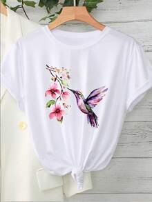 1 pieza de camiseta de manga corta con cuello redondo y estampado de colibrí en acuarela y flor rosa, nuevo estilo de verano 2026, blusa casual blanca estampada para mujer, 180g 100% algodón. - Blanco - Ver 1