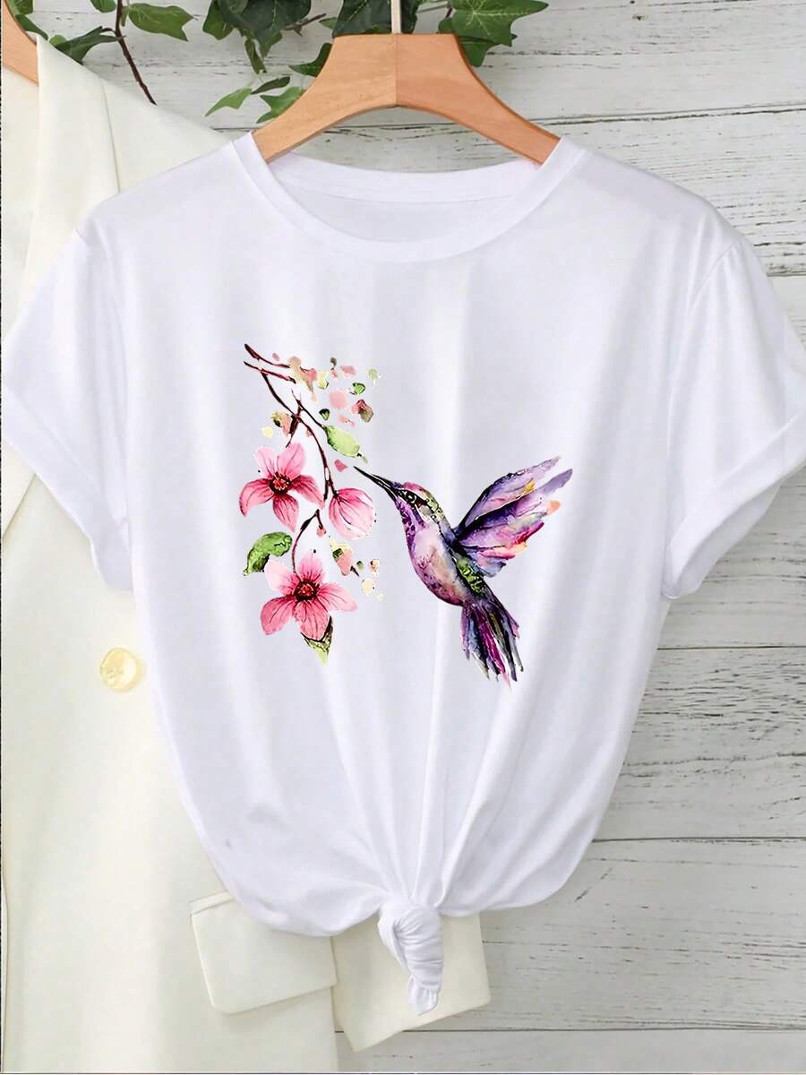 1 pieza de camiseta de manga corta con cuello redondo y estampado de colibrí en acuarela y flor rosa, nuevo estilo de verano 2026, blusa casual blanca estampada para mujer, 180g 100% algodón. - Blanco - Ver 1