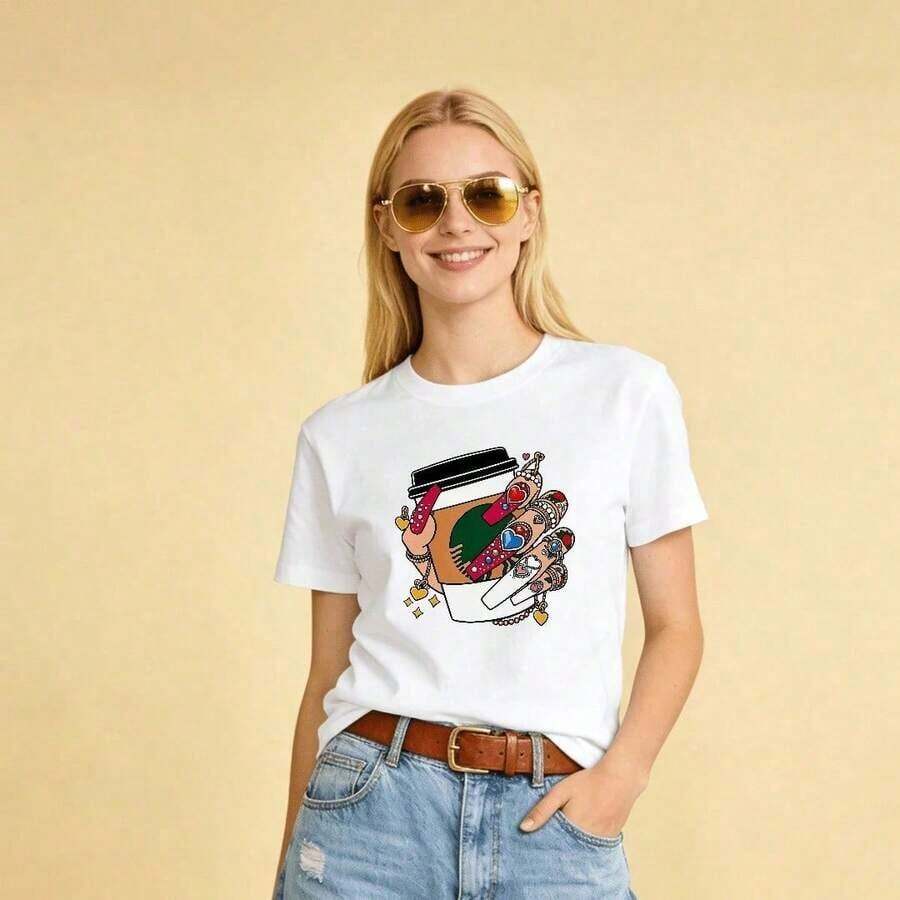 Women's Summer Clothing, Soft And Casual Cotton T-Shirt With Round Neck, Print Of A Nail Artist Holding A Cup Of Coffee. - 白色 - 查看 1