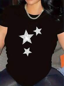 1 camiseta casual de manga corta, con un diseño de estrellas brillantes, hecha de un material duradero y cómodo, perfecta para el hogar, la oficina o el comedor, diseñada para el uso diario, 100% algodón de 180g. - Blanco - Ver 6