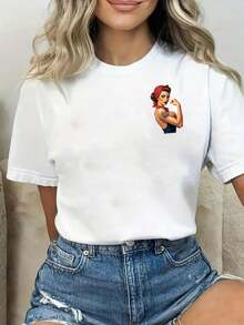 1 camiseta casual elegante de manga corta blanca, con estampado de letras coloridas - diseño de cuello redondo, tela ligera, la primera opción para ropa casual de verano, camiseta de mujer 180g 100% algodón. - Blanco - Ver 6