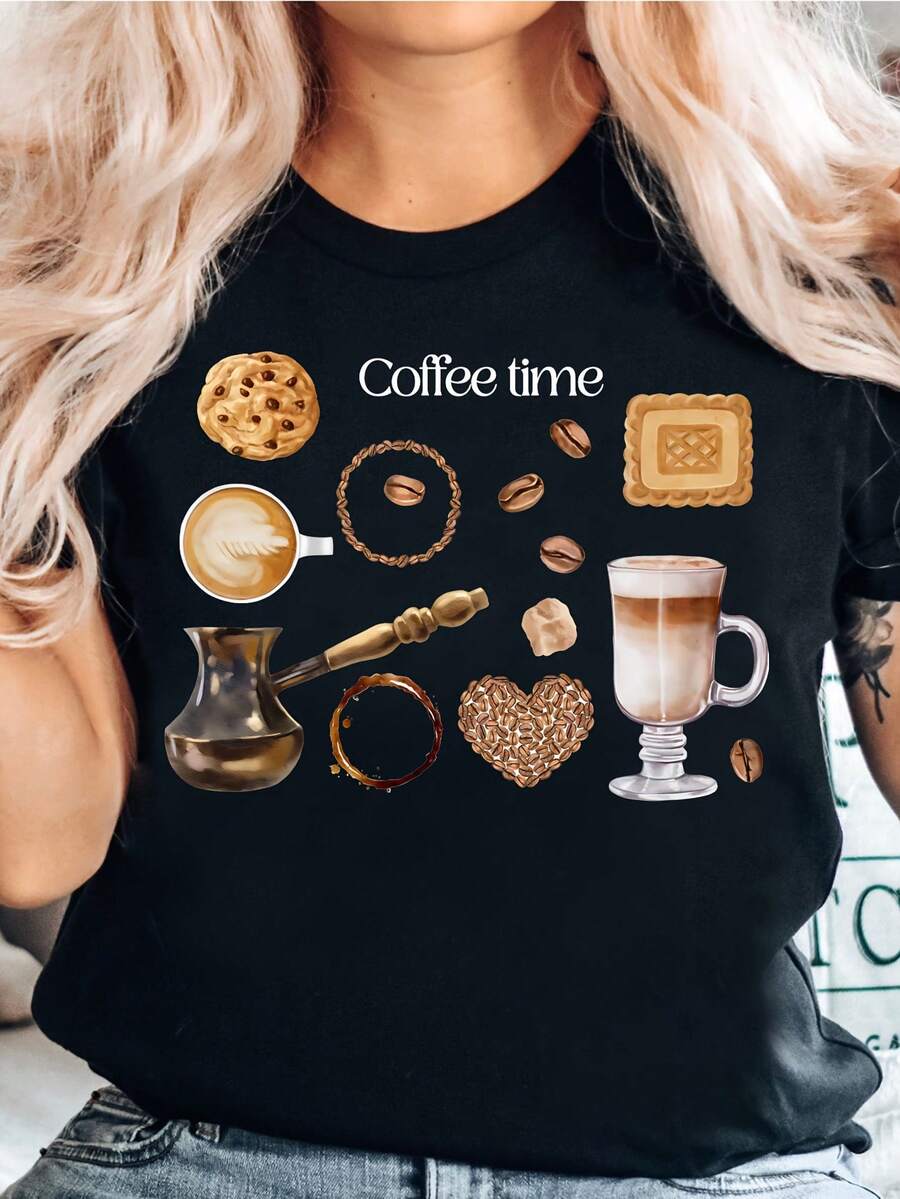 1 camiseta estampada "Coffee Time", café de la tarde, regalo para amantes del café, 180g 100% algodón - Negro - Ver 1