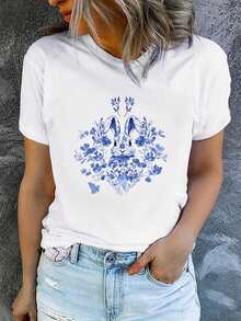 1 pieza de camiseta de verano para mujer, de manga corta y estampada, moderna y casual, lavable a máquina, ajuste cómodo, estampado plano 2D, 180g, 100% algodón. - Blanco_07 - Ver 12