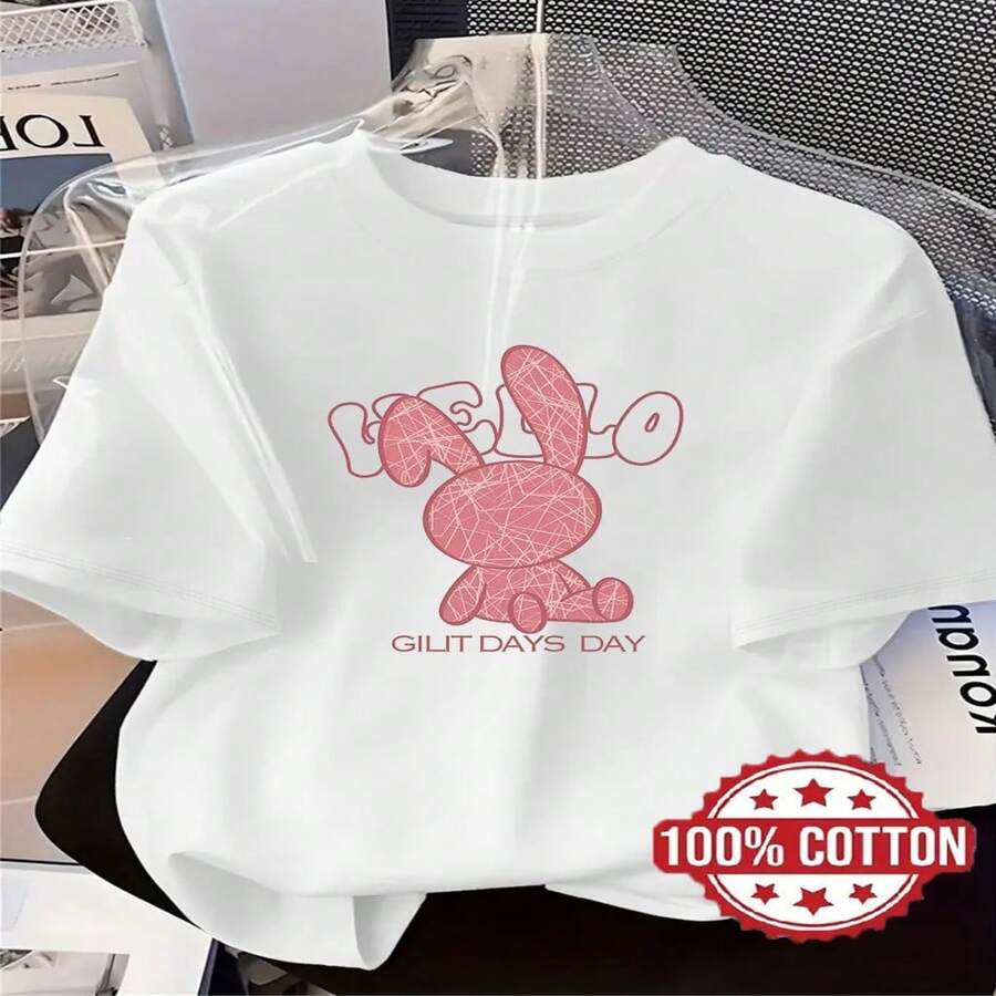 Womens Casual Cotton Short Sleeve Round Neck T-Shirt with Cute Bunny Print Graphic for Everyday Wear - Blanco - Ver 1