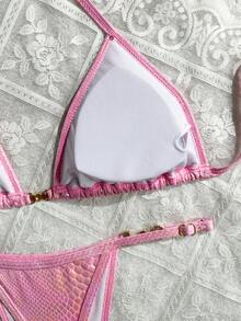 Snake Skin Print Backless Lace-Up Swimwear, Sexy Backless Thong Bikini For Beach Holiday, Summer Vacation - Hot Pink - View 7