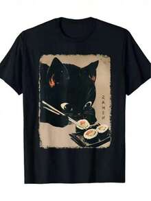 Camiseta Casual con Estampado de Gato Negro Comiendo Sushi, Camiseta para Uso Diario, Vacaciones y Deportes, Ropa de Mujer - Negro - Ver 1