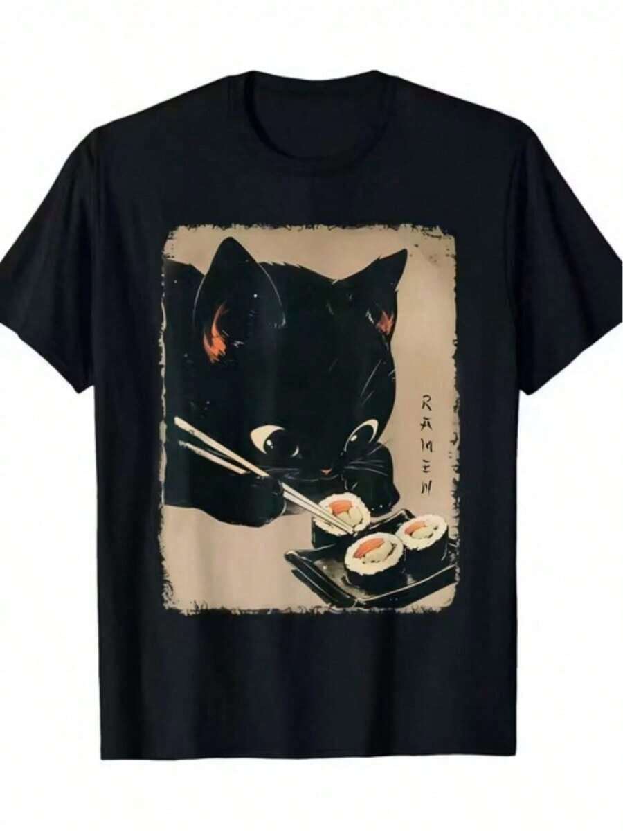 Camiseta Casual con Estampado de Gato Negro Comiendo Sushi, Camiseta para Uso Diario, Vacaciones y Deportes, Ropa de Mujer - Negro - Ver 1