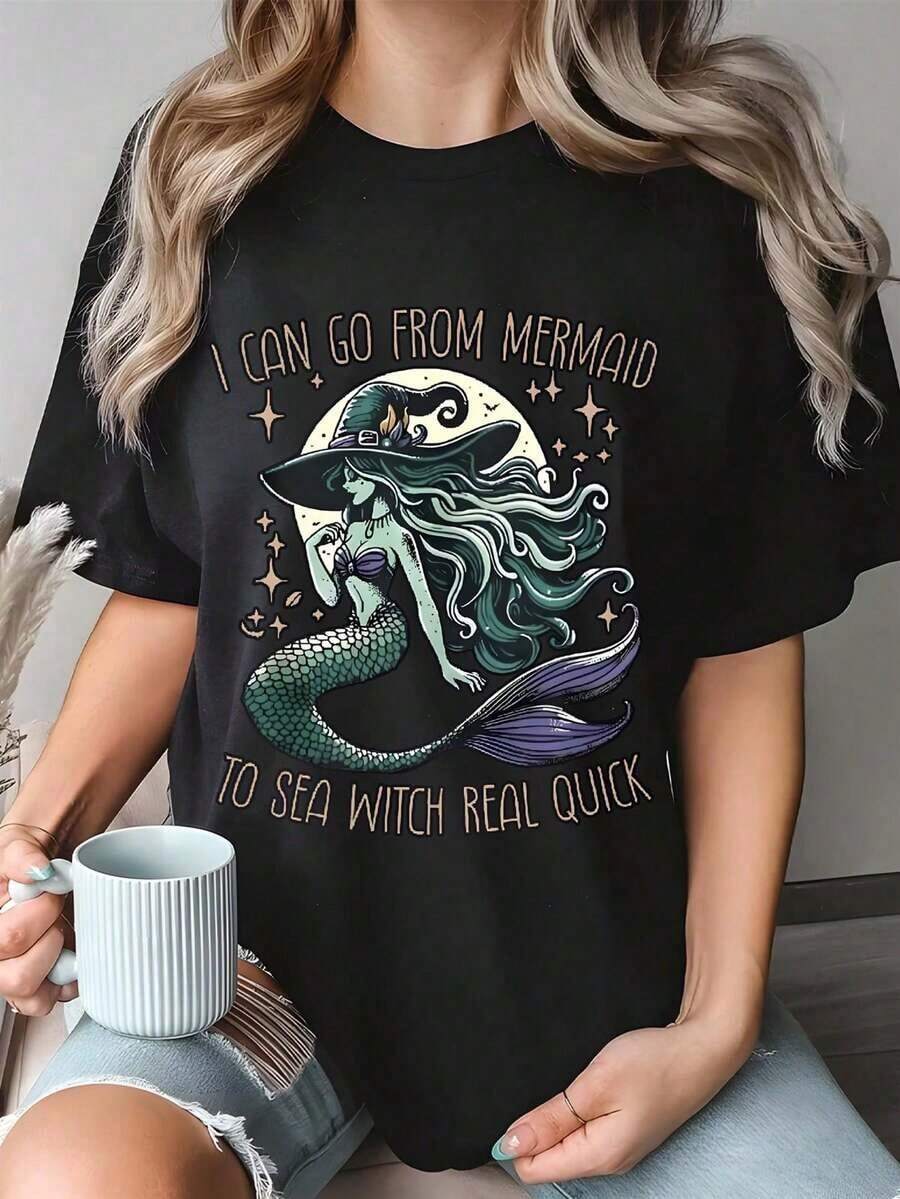 Women's Summer T-Shirts - Funny Mermaid And Sea Witch Print T-Shirt - Black Short Sleeve Crew Neck T-Shirt, Soft And Loose Fit, With Mermaid And Sea Witch Designs, Suitable For Halloween Costumes, Fancy Dress Outfits, And Everyday Casual Wear - A Unique Gift For Ladies. Loose And Comfortable Summer Clothing, Women's T-Shirts - 黑色 - 查看 1